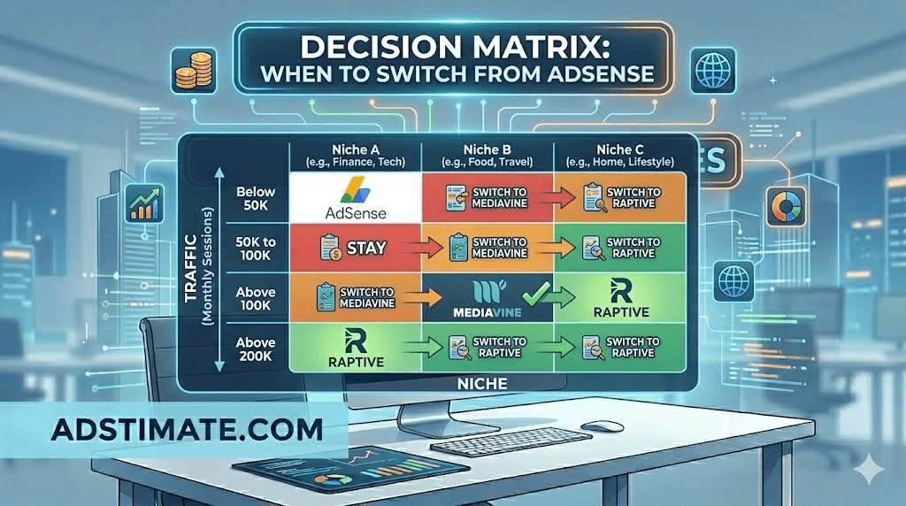A decision matrix showing when to switch from AdSense to Mediavine or Raptive based on traffic and niche.