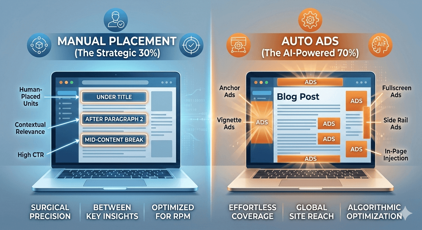 Infographic comparing AdSense Auto Ads vs Manual Units 2026 performance and strategic ad placement for high RPM.