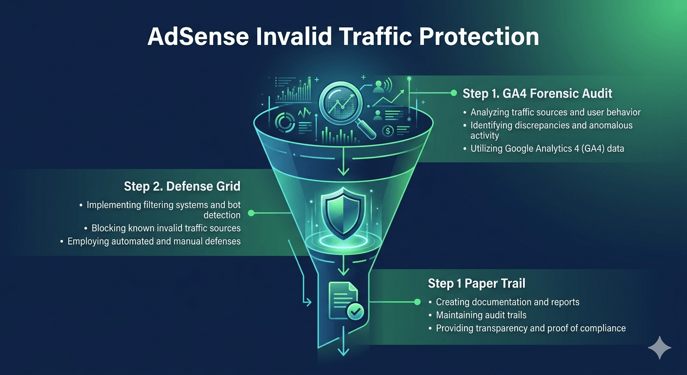 Infographic showing a 3-step AdSense invalid traffic defense strategy: GA4 forensic audit, Cloudflare defense grid implementation, and official documentation for Google appeals.