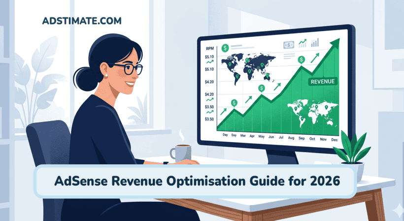 publisher at a desk with an upward-trending AdSense revenue graph, representing AdSense optimisation strategies for 2026