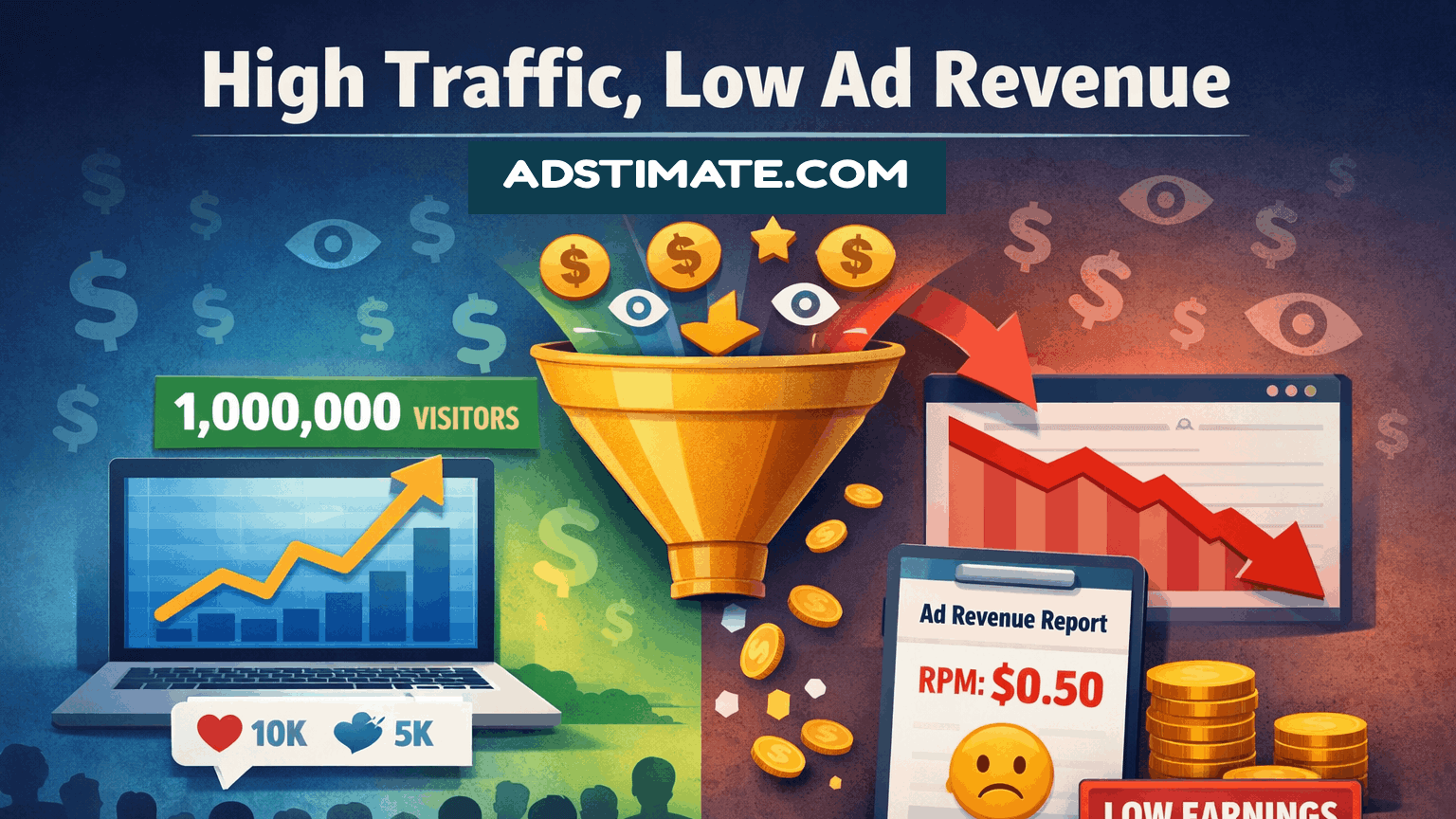 Illustration showing high website traffic but low ad revenue due to poor monetization strategy