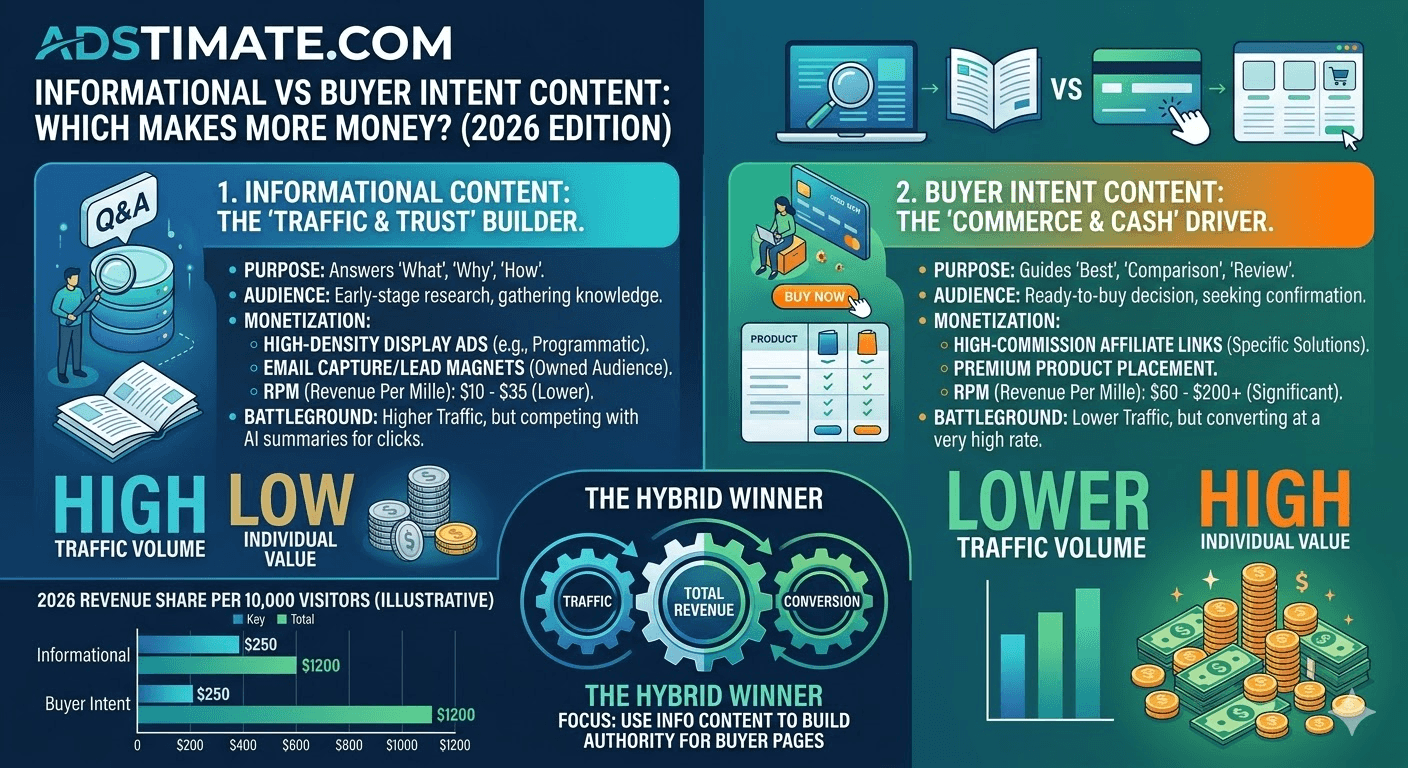 Comparison of informational vs buyer intent content revenue — showing why high intent keywords earn disproportionately more for bloggers and publishers in 2026.