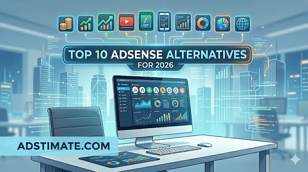 Comparison chart of premium ad networks for 2026 including Mediavine, Raptive, and Ezoic versus Google AdSense.