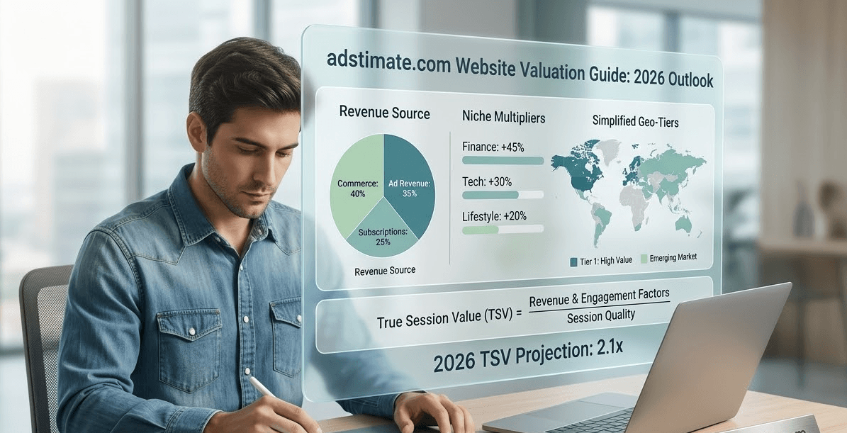 Visual guide to website traffic valuation in 2026 — showing niche multipliers, geographic tiers, and the True Session Value formula for publishers.